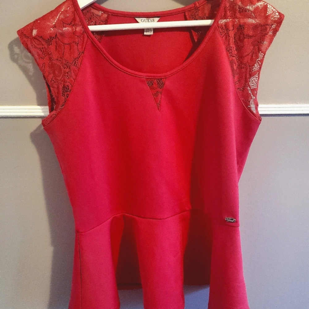 Guess Pink Blouse with Lace Sleeves and Flared Bottom